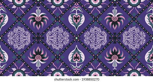 Bandana Print. Vector seamless pattern with paisley ornament. Silk neck scarf or kerchief. Floral vintage background. Asian textile. Tribal texture. Bohemian style. Indian motif.
