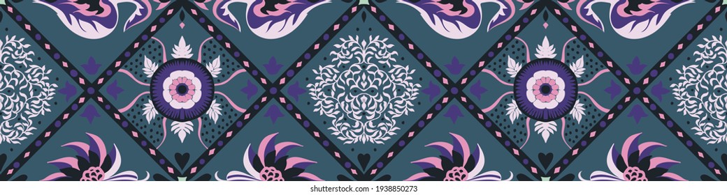 Bandana Print. Vector seamless pattern with paisley ornament. Silk neck scarf or kerchief. Floral vintage background. Asian textile. Tribal texture. Bohemian style. Indian motif.