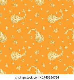 Bandana Print. Vector seamless pattern with paisley ornament. Silk neck scarf or kerchief. Floral vintage background. Asian textile. Tribal texture. Bohemian style. Indian motif.