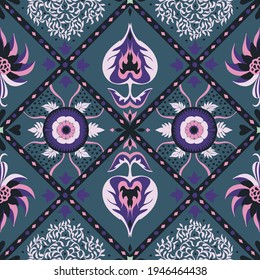 Bandana Print. Vector seamless pattern with paisley ornament. Silk neck scarf or kerchief. Floral vintage background. Asian textile. Tribal texture. Bohemian style. Indian motif.