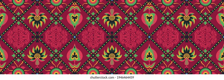 Bandana Print. Vector seamless pattern with paisley ornament. Silk neck scarf or kerchief. Floral vintage background. Asian textile. Tribal texture. Bohemian style. Indian motif.