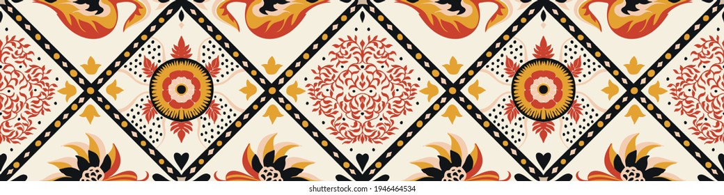 Bandana Print. Vector seamless pattern with paisley ornament. Silk neck scarf or kerchief. Floral vintage background. Asian textile. Tribal texture. Bohemian style. Indian motif.