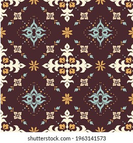 Bandana Print. Vector seamless pattern with paisley ornament. Silk neck scarf or kerchief. Floral vintage background. Asian textile. Tribal texture. Bohemian style. Indian motif.