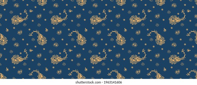 Bandana Print. Vector seamless pattern with paisley ornament. Silk neck scarf or kerchief. Floral vintage background. Asian textile. Tribal texture. Bohemian style. Indian motif.