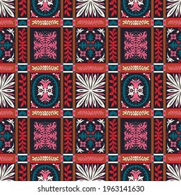 Impresión de Bandana. Patrón vectorial sin fisuras con adorno paisley. Escarcha o pañuelo en el cuello de seda. Fondo floral vintage. Textil asiático. Textura tribal. Estilo bohemio. Motif indio.