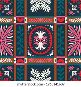 Bandana Print. Vector seamless pattern with paisley ornament. Silk neck scarf or kerchief. Floral vintage background. Asian textile. Tribal texture. Bohemian style. Indian motif.