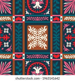 Bandana Print. Vector seamless pattern with paisley ornament. Silk neck scarf or kerchief. Floral vintage background. Asian textile. Tribal texture. Bohemian style. Indian motif.