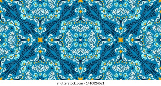 Bandana print. Women's shawl with floral pattern. Mediterranean wallpaper. Portuguese tile azulejo. Turkish ornament. Spanish porcelain. Ceramic dishes.