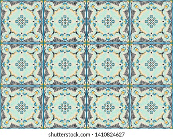 Bandana print. Women's shawl with floral pattern. Mediterranean wallpaper. Portuguese tile azulejo. Turkish ornament. Spanish porcelain. Ceramic dishes.