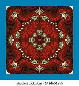 Bandana print. Women's shawl with floral pattern. Mediterranean wallpaper. Portuguese tile azulejo. Turkish ornament. Spanish porcelain. Ceramic dishes. 