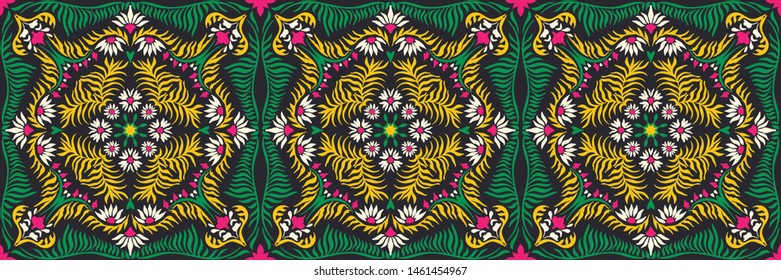 Bandana print. Women's shawl with floral pattern. Mediterranean wallpaper. Portuguese tile azulejo. Turkish ornament. Spanish porcelain. Ceramic dishes. 