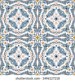 Bandana print. Women's shawl with floral pattern. Mediterranean wallpaper. Portuguese tile azulejo. Turkish ornament. Spanish porcelain. Ceramic dishes. 