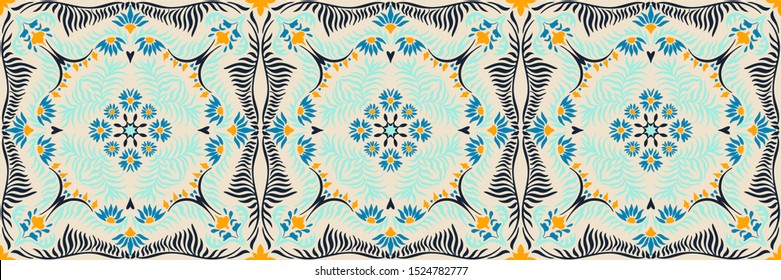 Bandana print. Women's shawl with floral pattern. Mediterranean wallpaper. Portuguese tile azulejo. Turkish ornament. Spanish porcelain. Ceramic dishes. 