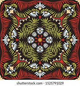 Bandana print. Women's shawl with floral pattern. Mediterranean wallpaper. Portuguese tile azulejo. Turkish ornament. Spanish porcelain. Ceramic dishes. 