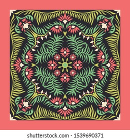Bandana print. Women's shawl with floral pattern. Mediterranean wallpaper. Portuguese tile azulejo. Turkish ornament. Spanish porcelain. Ceramic dishes. 