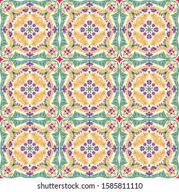 Bandana print. Women's shawl with floral pattern. Mediterranean wallpaper. Portuguese tile azulejo. Turkish ornament. Spanish porcelain. Ceramic dishes. 