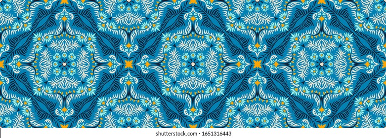 Bandana print. Women's shawl with floral pattern. Mediterranean wallpaper. Portuguese tile azulejo. Turkish ornament. Spanish porcelain. Ceramic dishes. 