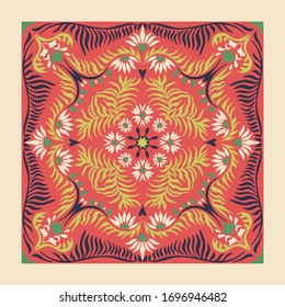 Bandana print. Women's shawl with floral pattern. Mediterranean wallpaper. Portuguese tile azulejo. Turkish ornament. Spanish porcelain. Ceramic dishes. 