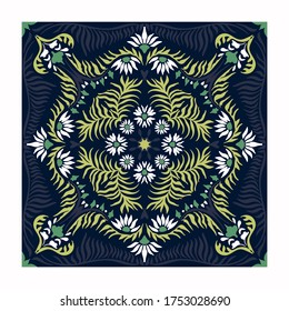 Bandana print. Women's shawl with floral pattern. Mediterranean wallpaper. Portuguese tile azulejo. Turkish ornament. Spanish porcelain. Ceramic dishes. 