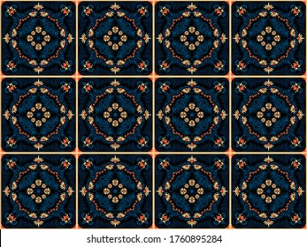 Bandana print. Women's shawl with floral pattern. Mediterranean wallpaper. Portuguese tile azulejo. Turkish ornament. Spanish porcelain. Ceramic dishes. 