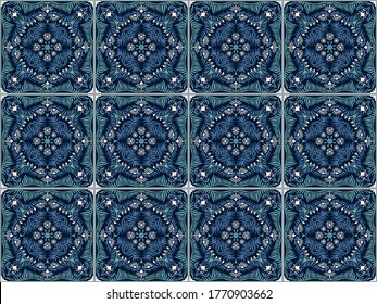Bandana print. Women's shawl with floral pattern. Mediterranean wallpaper. Portuguese tile azulejo. Turkish ornament. Spanish porcelain. Ceramic dishes. 
