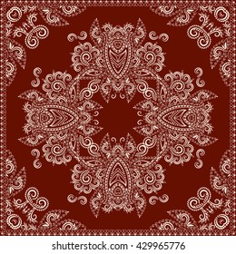 Bandana red and white. Traditional ornamental ethnic  pattern with paisley and flowers. Vector print square.