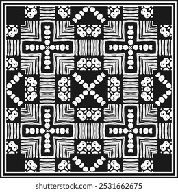 Bandana with rough simple ornament of various decorative elements made by hand. White on black. Vector illustration