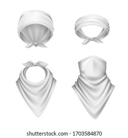 Bandana scarf buff handkerchief reailstic set of isolated white head coverings with folds on blank background vector illustration svg