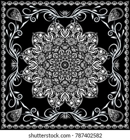 Bandana vector ornament paisley print, silk neck scarf or kerchief square pattern design style for print on fabric. Arabic, Indian, bandana. Decorative colorful background, geometric floral pattern.