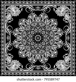 Bandana vector ornament paisley print, silk neck scarf or kerchief square pattern design style for print on fabric. Arabic, Indian, bandana. Decorative colorful background, geometric floral pattern.