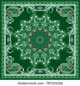 Bandana vector tile ornament paisley bandana print, silk neck scarf or kerchief square pattern design style for print on fabric. green bandana. mandala tile.