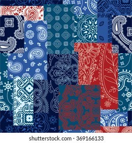 Bandanna fabric patchwork, vector seamless pattern in custom colors