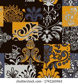 Bandanna patchwork fabric. Flap fabric with damask ornaments. Vector seamless pattern in custom colors