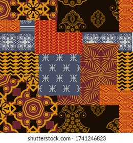 Bandanna patchwork fabric. Flap fabric with geometric ornaments. Vector seamless pattern in custom colors