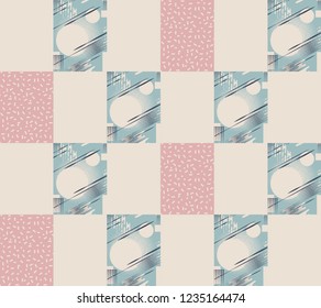 Bandanna patchwork fabric.Vector seamless pattern of geometric elements in memphis style.Beige background