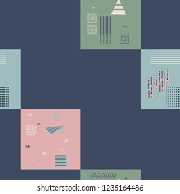 Bandanna patchwork fabric.Vector seamless pattern of geometric elements in memphis style.Indigo background