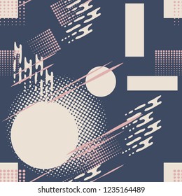 Bandanna patchwork fabric.Vector seamless pattern of geometric elements in memphis style.Indigo background