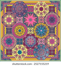 Bandanna imprimir com manchas brilhantes em estilo étnico. As imagens são criadas sem o uso de qualquer software de inteligência artificial em qualquer estágio.