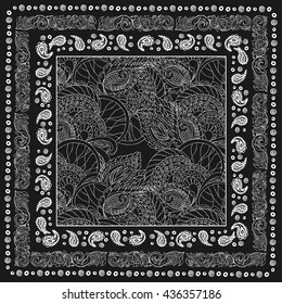 Bandanna print with design for silk neck scarf.Traditional ethnic pattern Paisley. Black and white vector image.