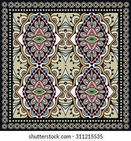 Bandanna Print, silk neck scarf or kerchief square pattern design style for print on fabric, vector illustration. Abstract geometric background