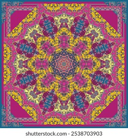 Bandanna print, square carpet with bright mandala in ethnic style.  The images are created without the use of any artificial intelligence software at any stage.
