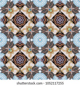 Bandanna shawl, tablecloth fabric print, silk neck scarf, kerchief design in beige, gray and blue colors. Vector colorful background, geometric doodle ornate seamless pattern.