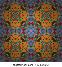 Bandanna shawl, tablecloth fabric print, silk neck scarf, kerchief design in orange, brown and blue colors. Vector colorful background, geometric doodle ornate seamless pattern.
