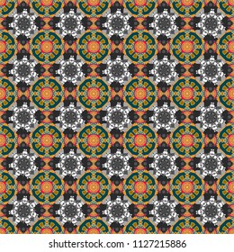 Bandanna shawl, tablecloth fabric print, silk neck scarf, kerchief design in yellow, gray and blue colors. Vector colorful background, geometric doodle ornate seamless pattern.