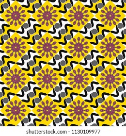 Bandanna shawl, tablecloth fabric print, silk neck scarf, kerchief design. Decorative colorful seamless pattern, geometric pattern in yellow, gray and black colors. Vector tribal ethnic ornament.