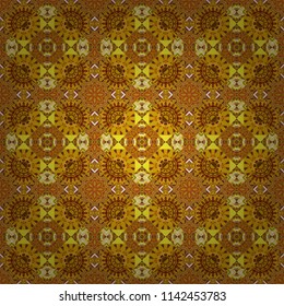 Bandanna shawl, tablecloth fabric print, silk neck scarf, kerchief design in orange, brown and yellow colors. Vector colorful background, geometric doodle ornate seamless pattern.