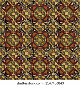 Bandanna shawl, tablecloth fabric print, silk neck scarf, kerchief design. Decorative colorful seamless pattern, geometric pattern in black, brown and yellow colors. Vector tribal ethnic ornament.