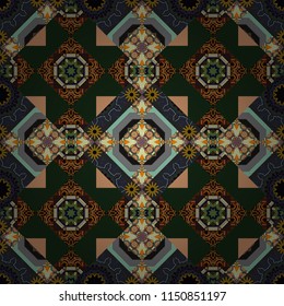 Bandanna shawl, tablecloth fabric print, silk neck scarf, kerchief design in brown, black and gray colors. Vector colorful background, geometric doodle ornate seamless pattern.