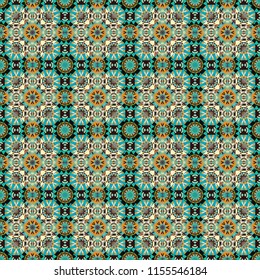 Bandanna shawl, tablecloth fabric print, silk neck scarf, kerchief design in beige, blue and brown colors. Vector colorful background, geometric doodle ornate seamless pattern.