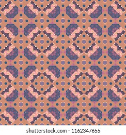 Bandanna shawl, tablecloth fabric print, silk neck scarf, kerchief design in beige, pink and blue colors. Vector colorful background, geometric doodle ornate seamless pattern.